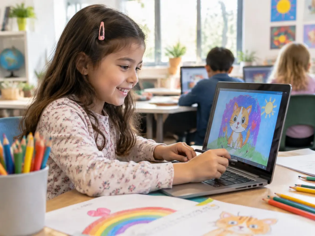 Criança desenhando no computador durante a aula