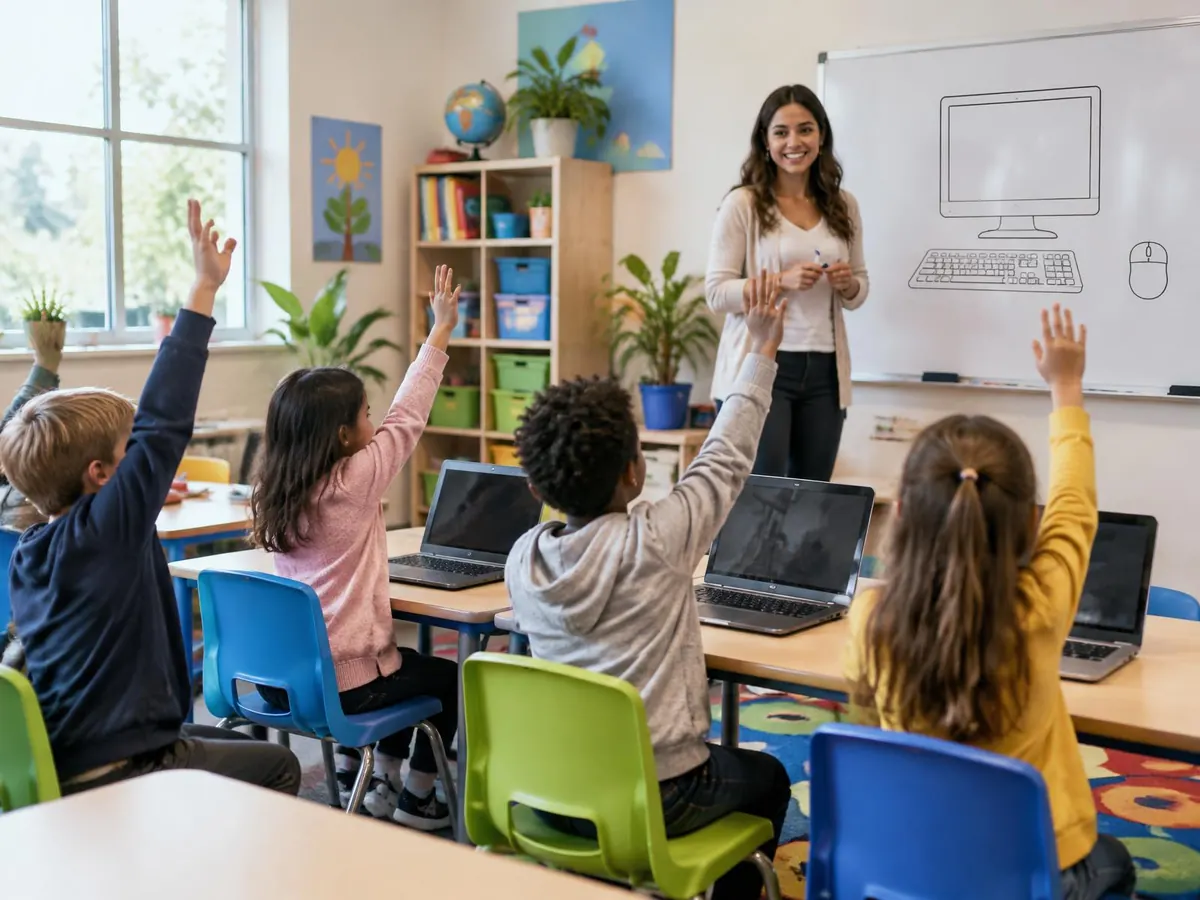 Turma em aula de alfabetização digital na escola